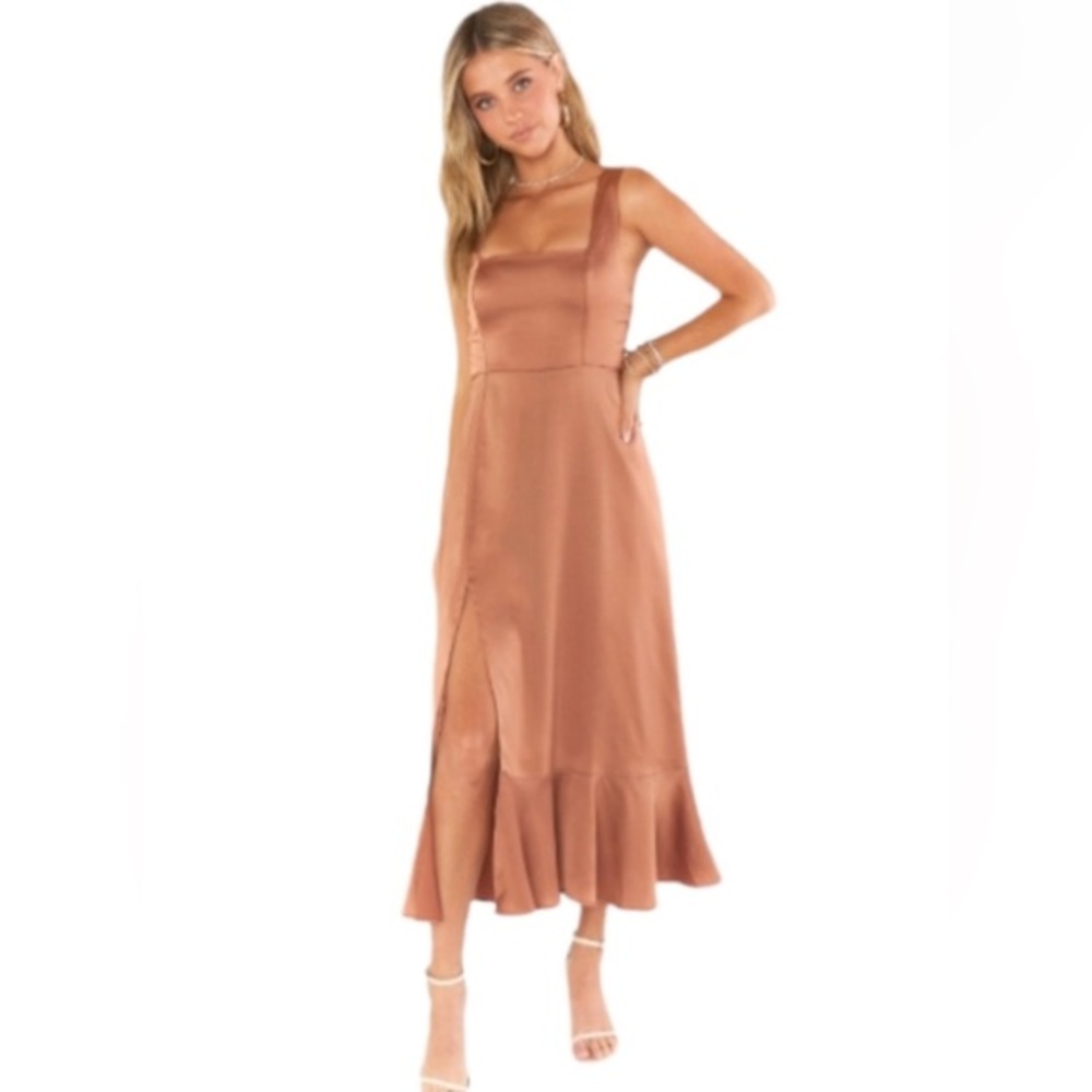 Show Me Your MuMu Rose Gold Satin Midi Dress Bridesmaid Wedding Guest Formal